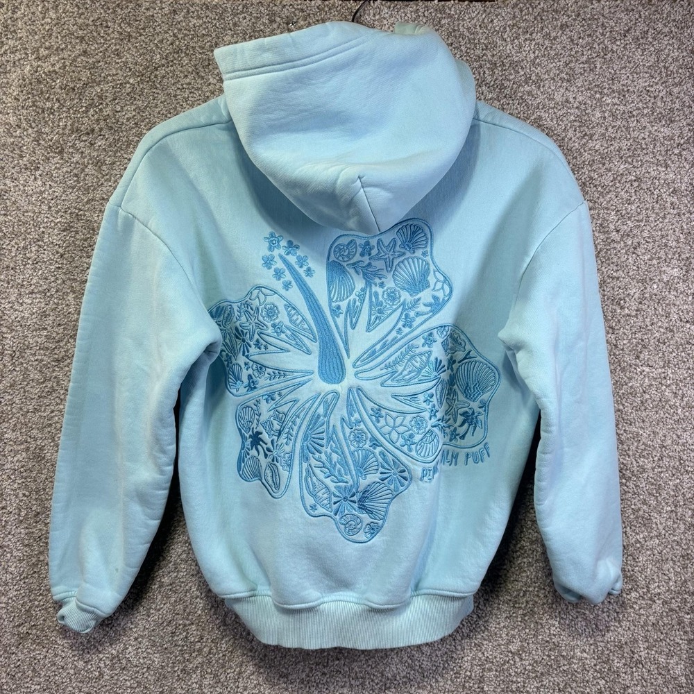Pink Palm Puff Hoodie Womens XXS Blue Hibiscus Palm Shell Graphic Fleece